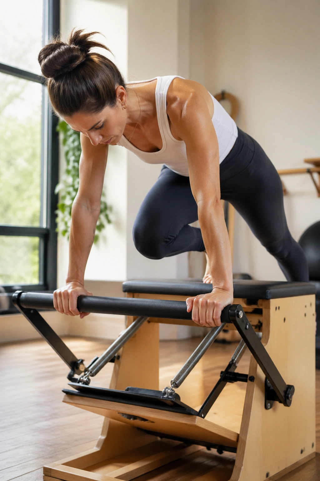 Close-up of a person performing mountain climber drives on a Wunda Chair in a bright Pilates studio.