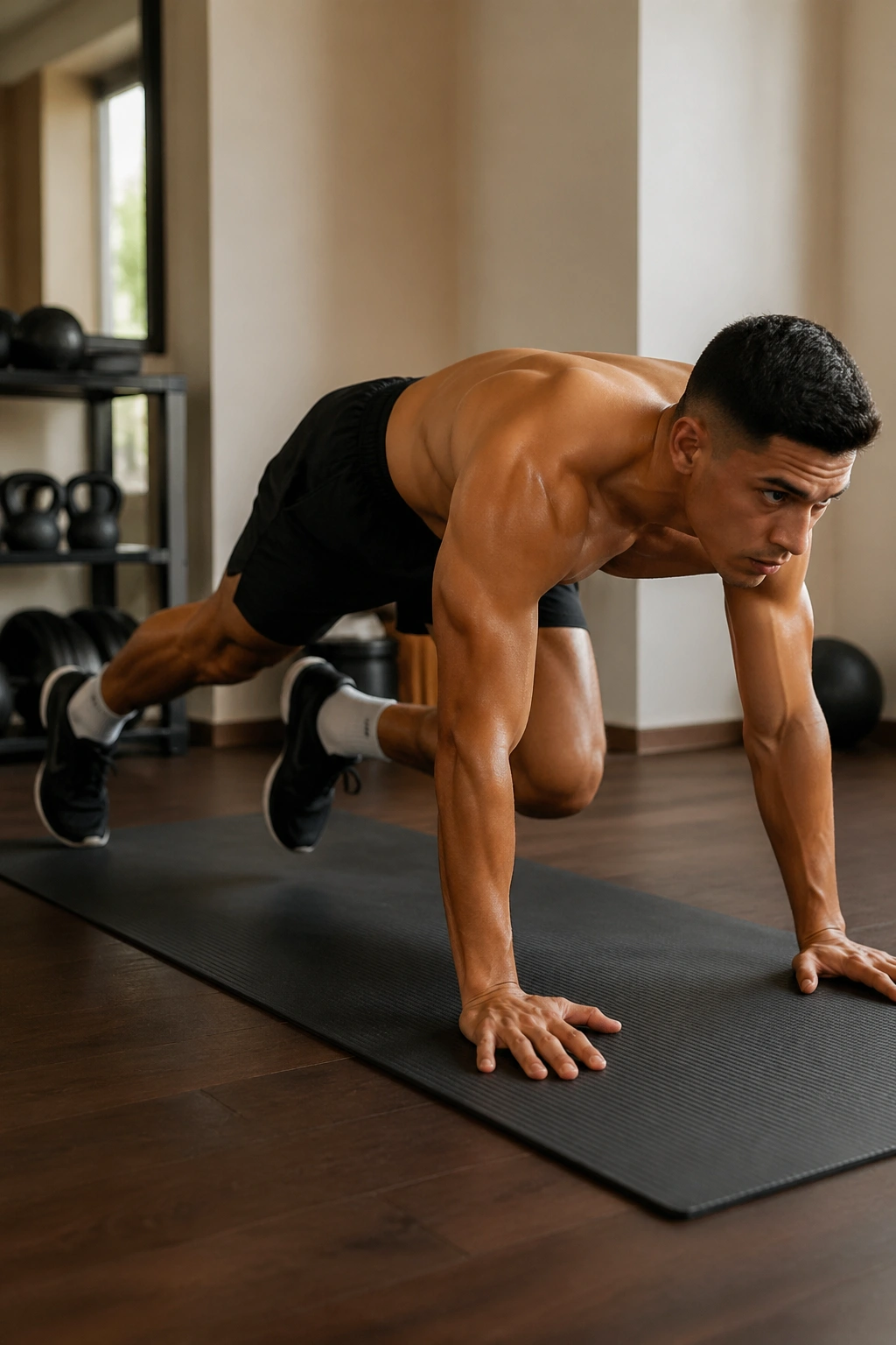 Person performing mountain climbers in a ladder-style interval at home