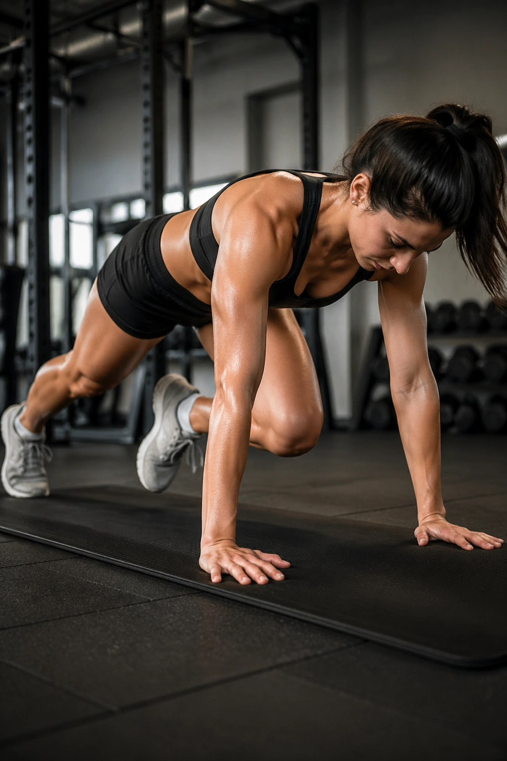 Athlete doing mountain climbers during Tabata interval in gym