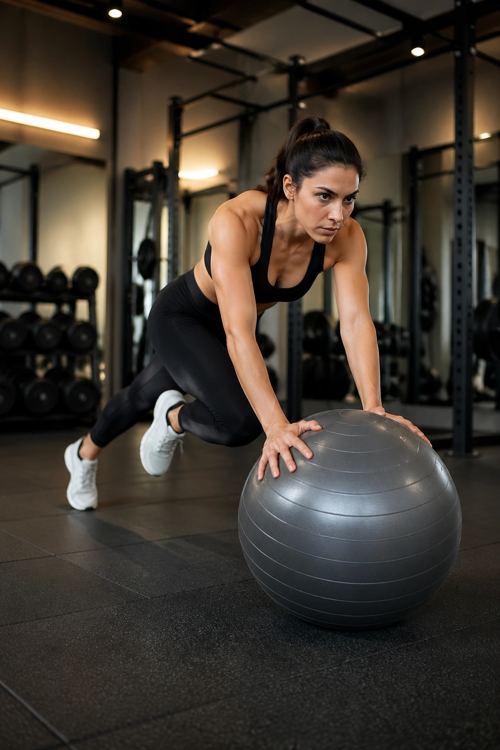 Real person performing dead stop mountain climbers with hands on ball, pausing at top of knee drive.