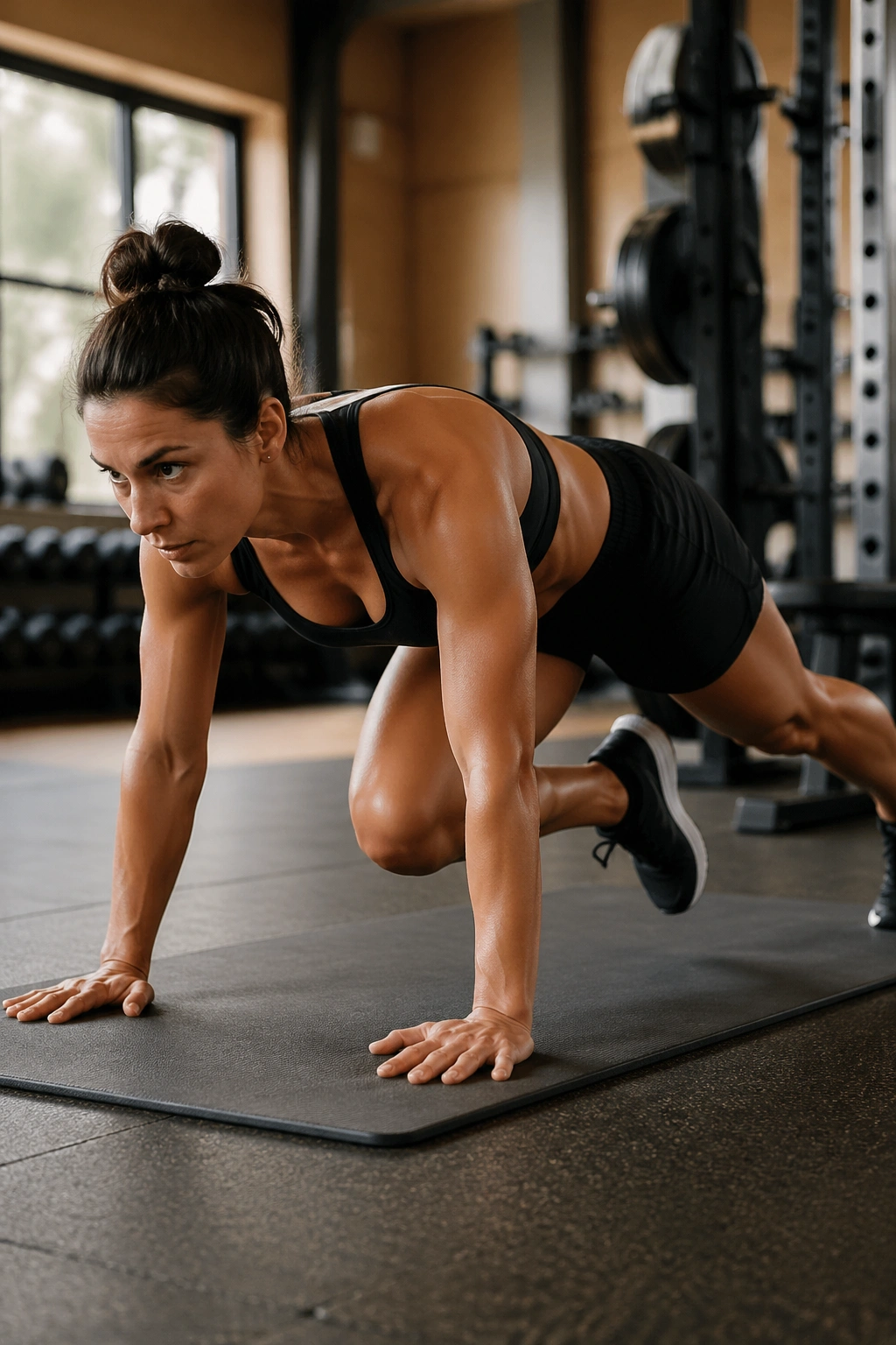 Dynamic mid-plank shot of a person performing mountain climbers on a gym mat