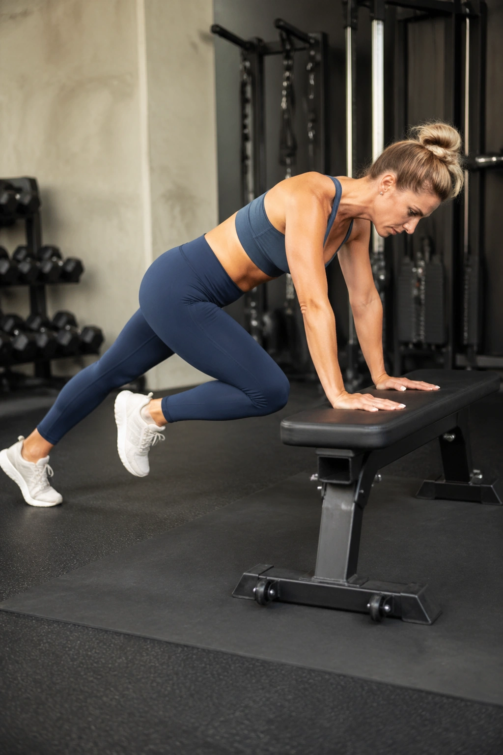 Person on bench performing mountain climbers with proper plank alignment