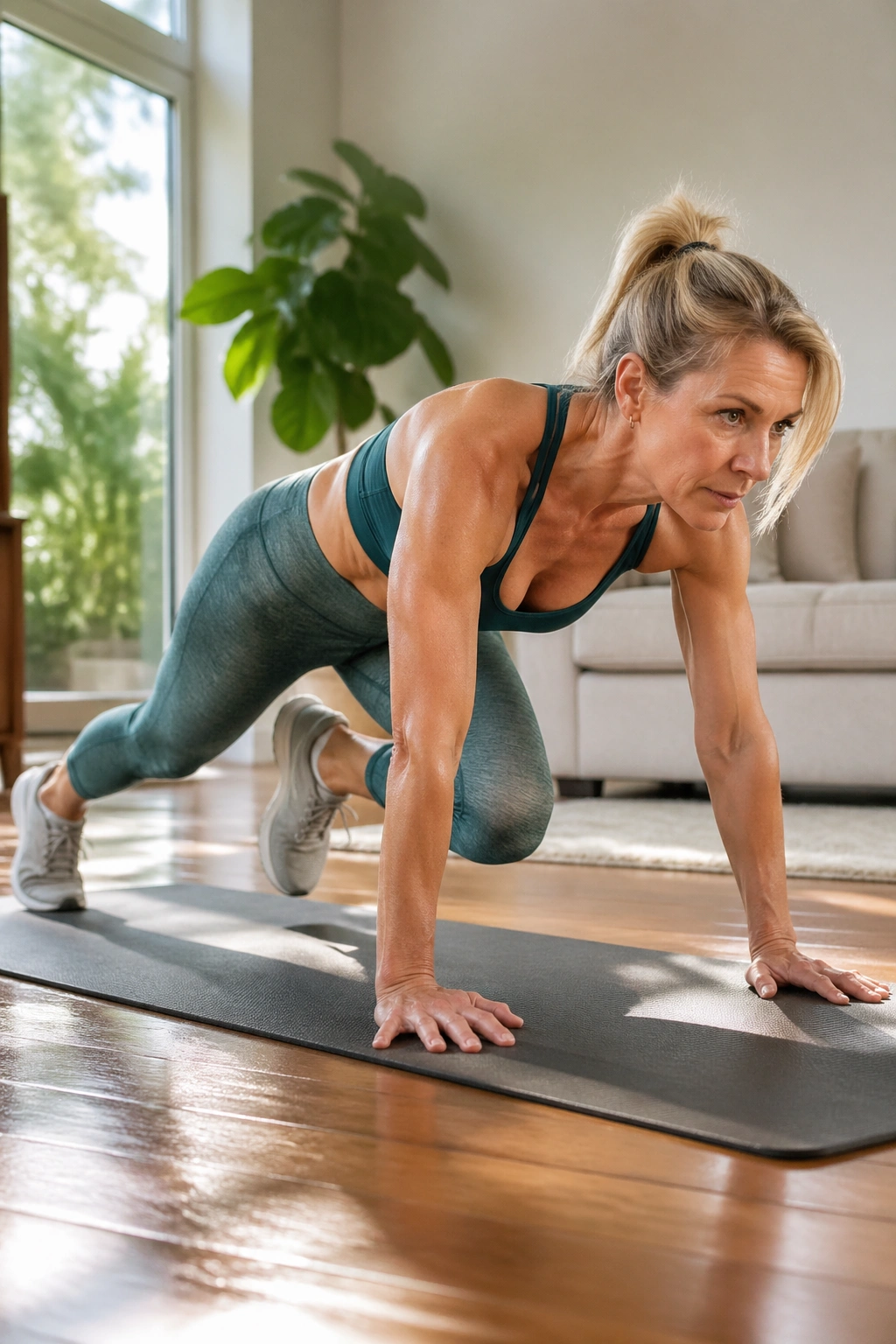 Person performing mountain climbers on a mat with controlled knee drives toward the chest.