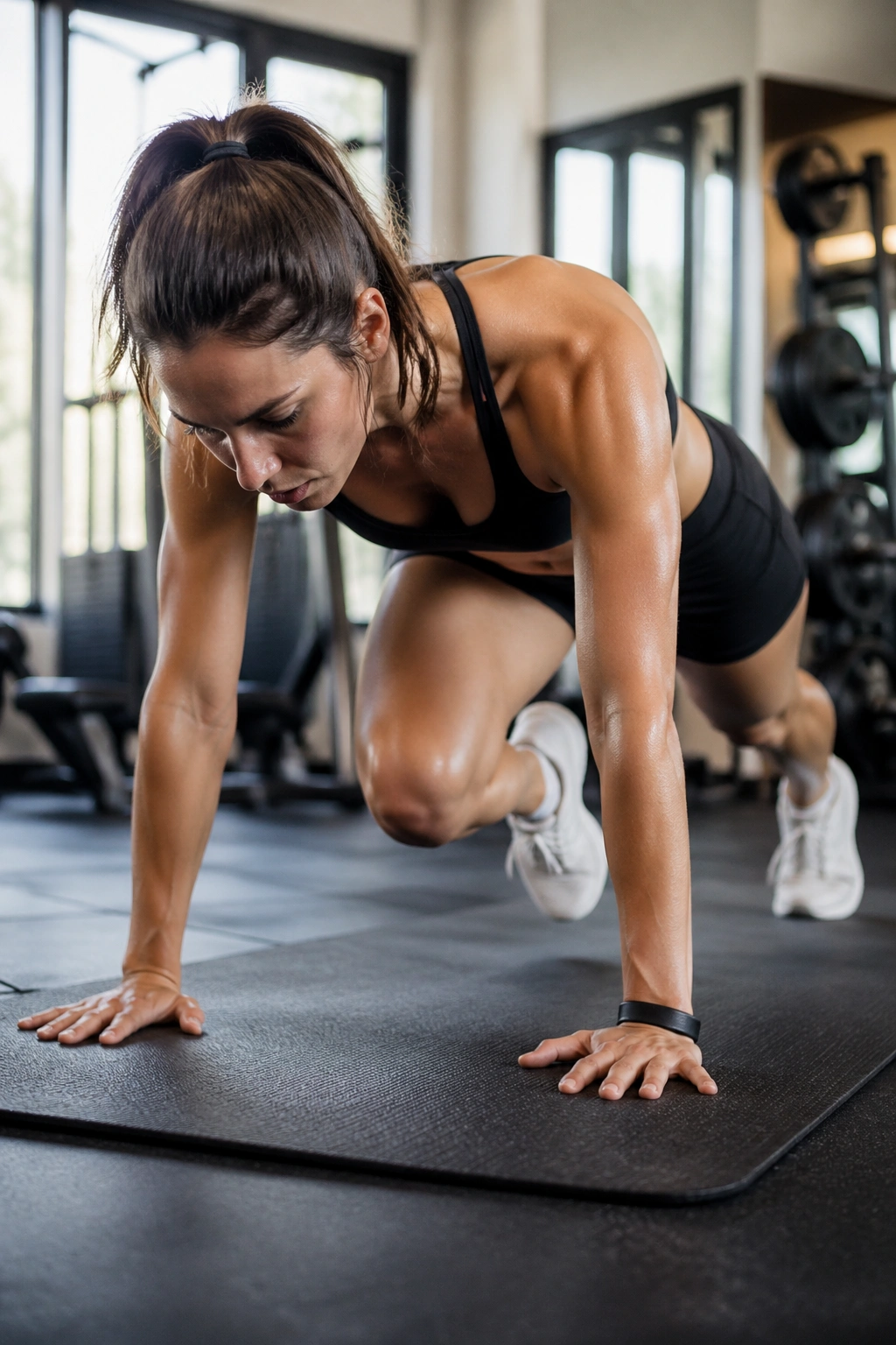 Woman performing mountain climbers in a gym on a mat with core engaged.