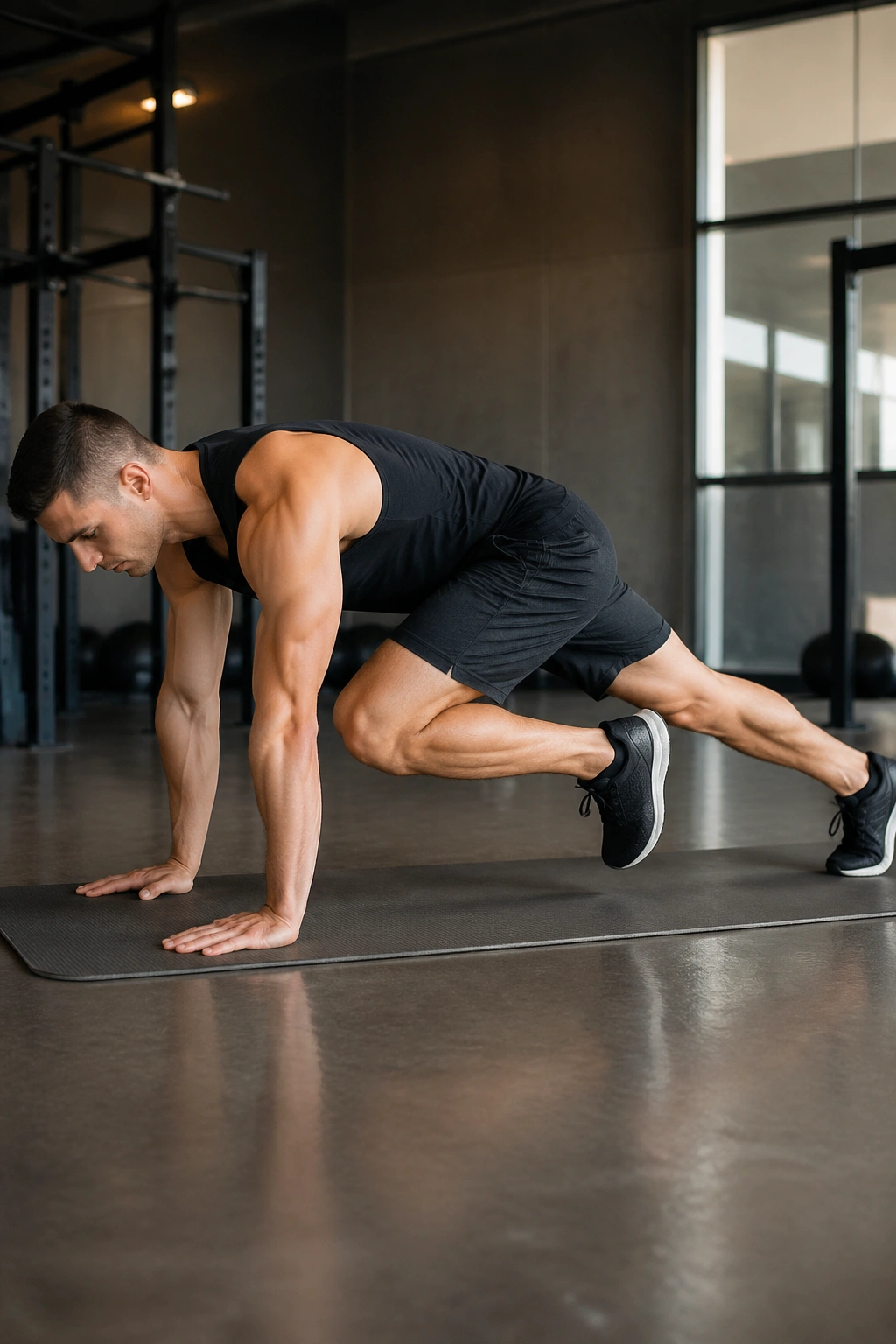 Person in mountain climber position in a gym, knees toward chest.