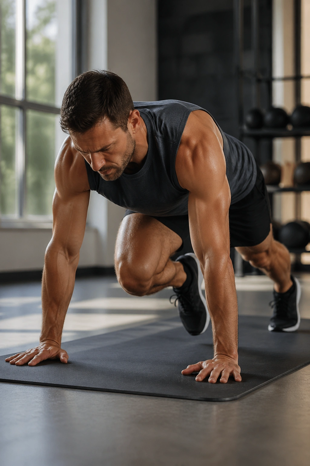 Athlete performing mountain climbers on a mat in gym setting