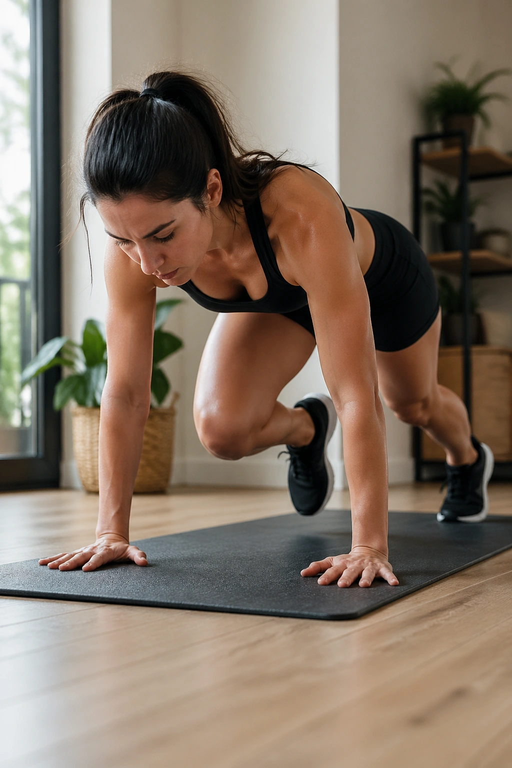 Upper body and knee drive during mountain climbers on a mat