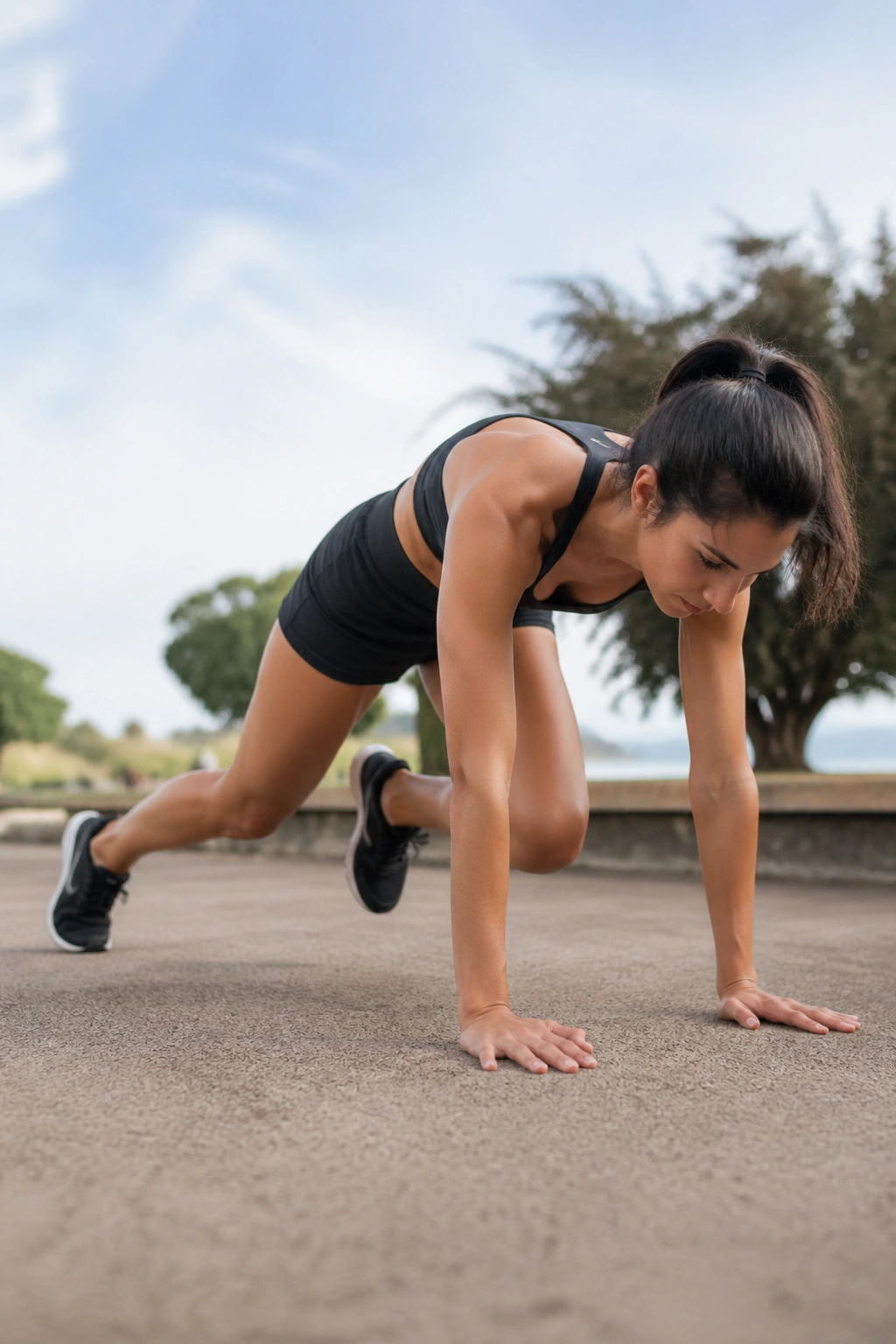 Dynamic shot of mountain climbers in a high plank with knees toward chest.