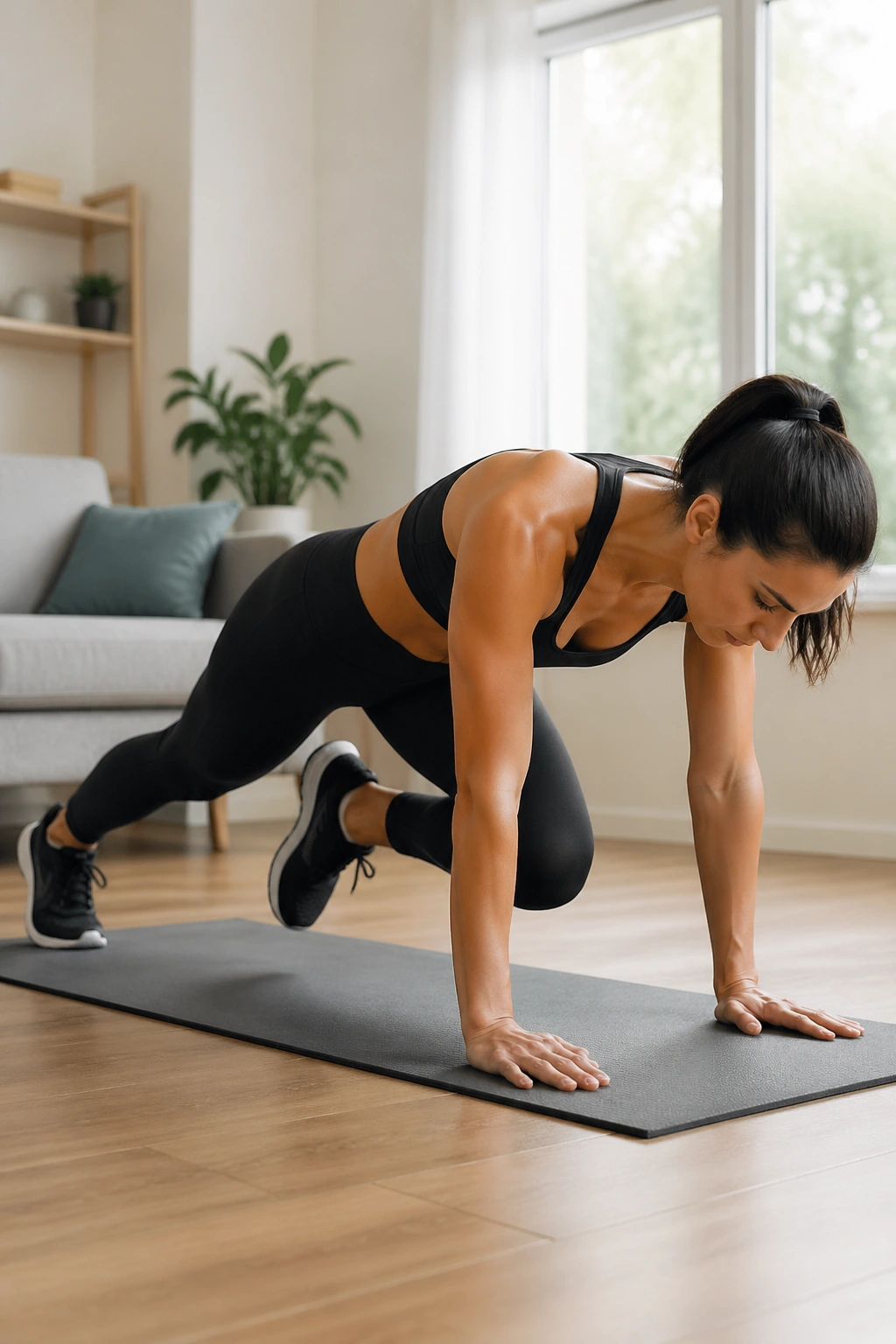 Medium close-up of a person performing mountain climbers with knees toward chest