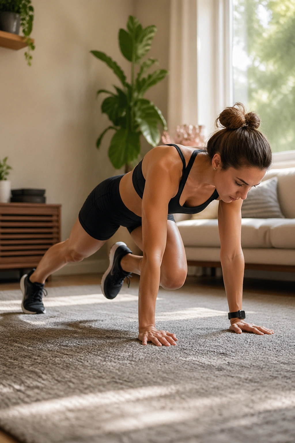 Mid-shot of a person performing controlled mountain climbers on a mat