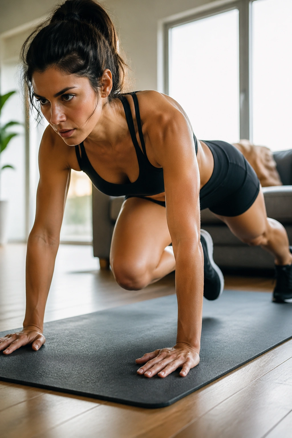 Person performing mountain climbers on a mat focusing on core stability