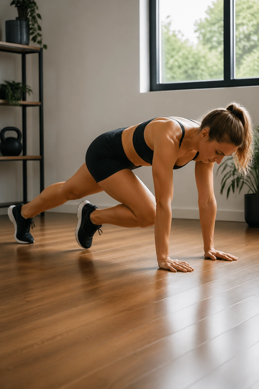 Person in mountain climber position performing fast midsection exercises.