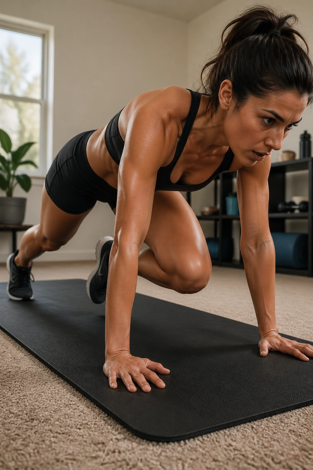 Side view of a person performing mountain climbers on a mat, core engaged