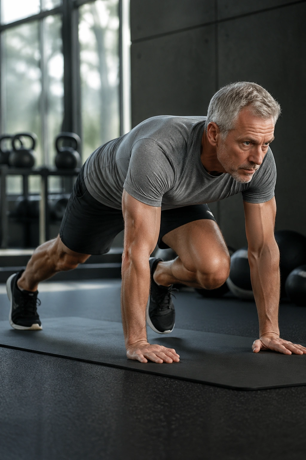 Medium close-up of a person performing slow mountain climbers on a gym mat