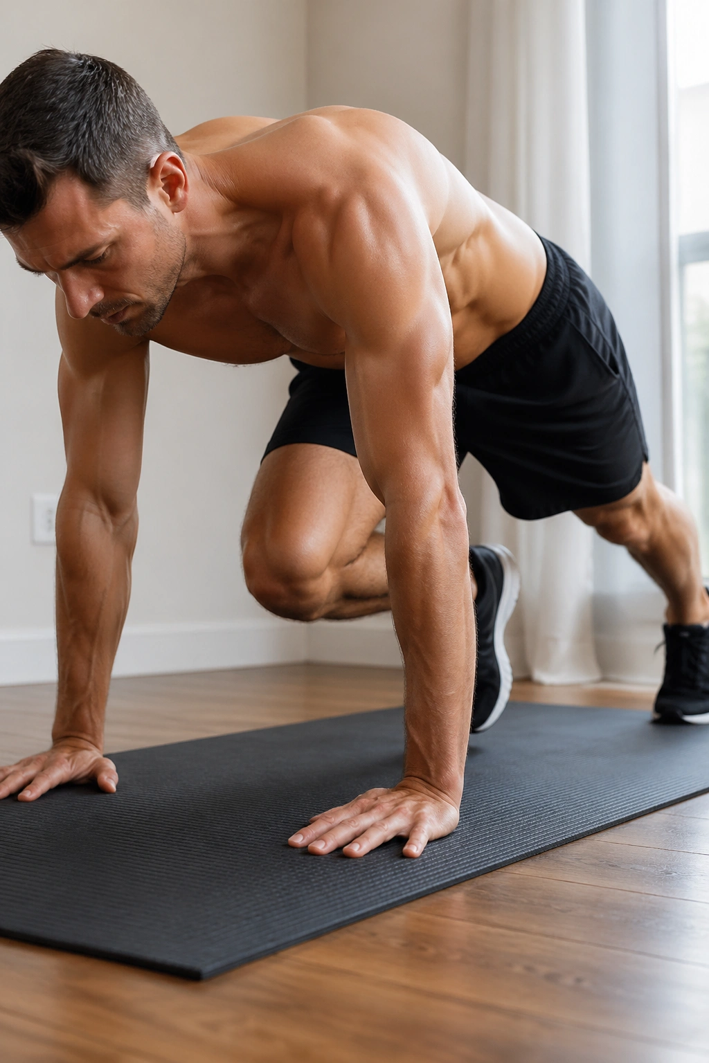 Person in mountain climber position on a mat at home, core engaged