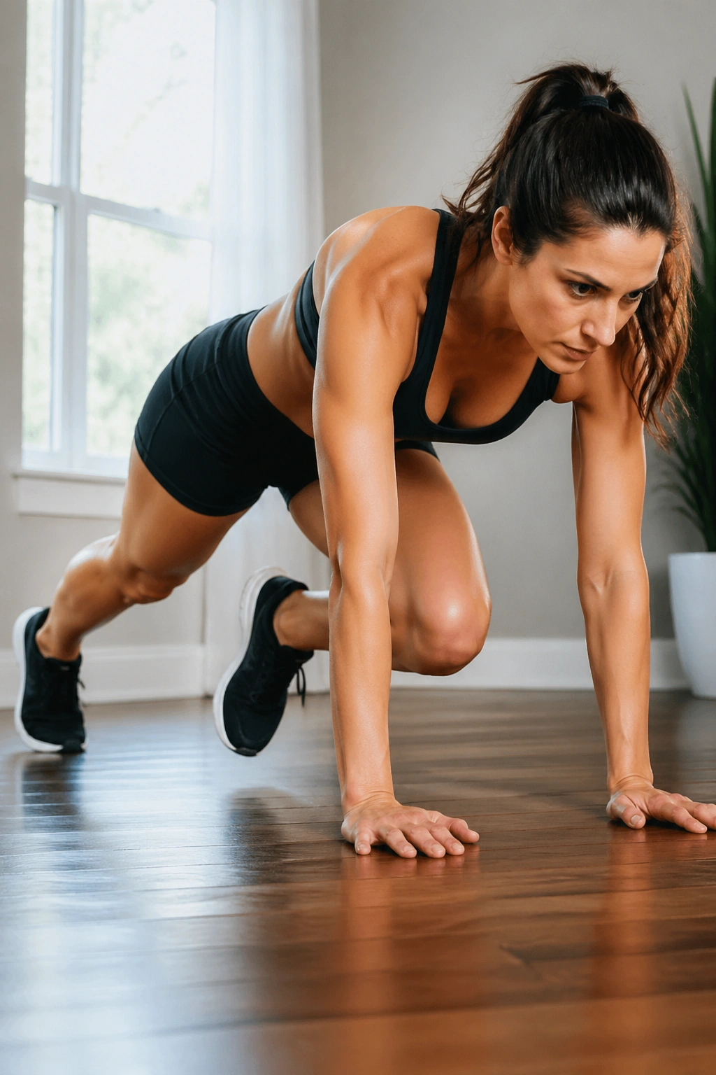 Real person performing mountain climbers in a home setting
