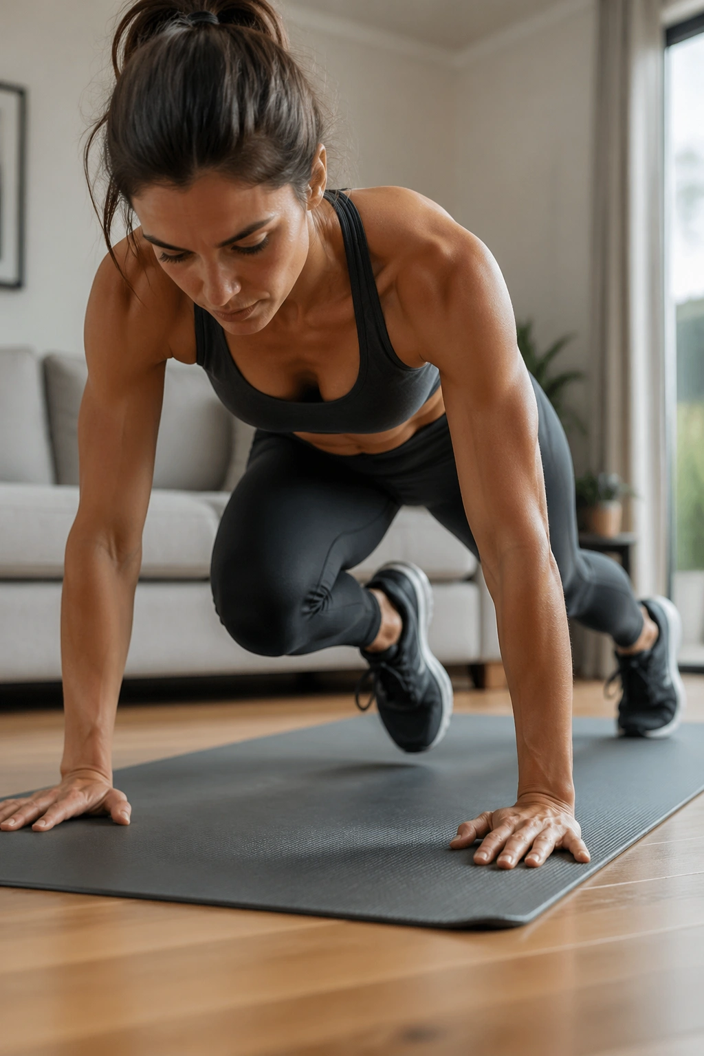 Close-up of a woman performing mountain climbers on a mat