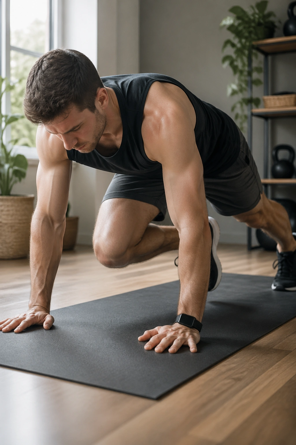Real person performing mountain climbers on a yoga mat in a home gym, core and shoulders engaged.