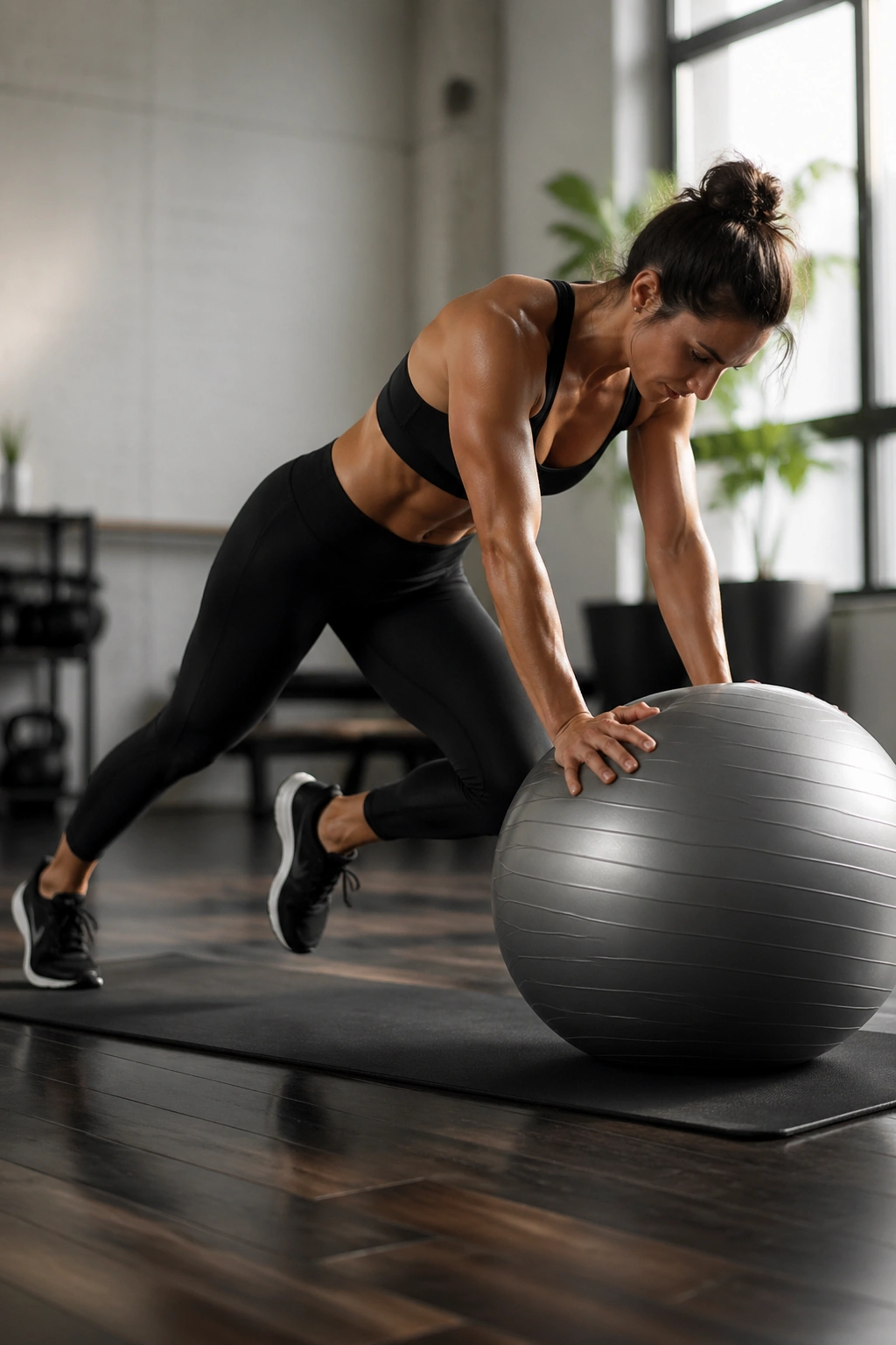 Person doing mountain climbers with hands on stability ball