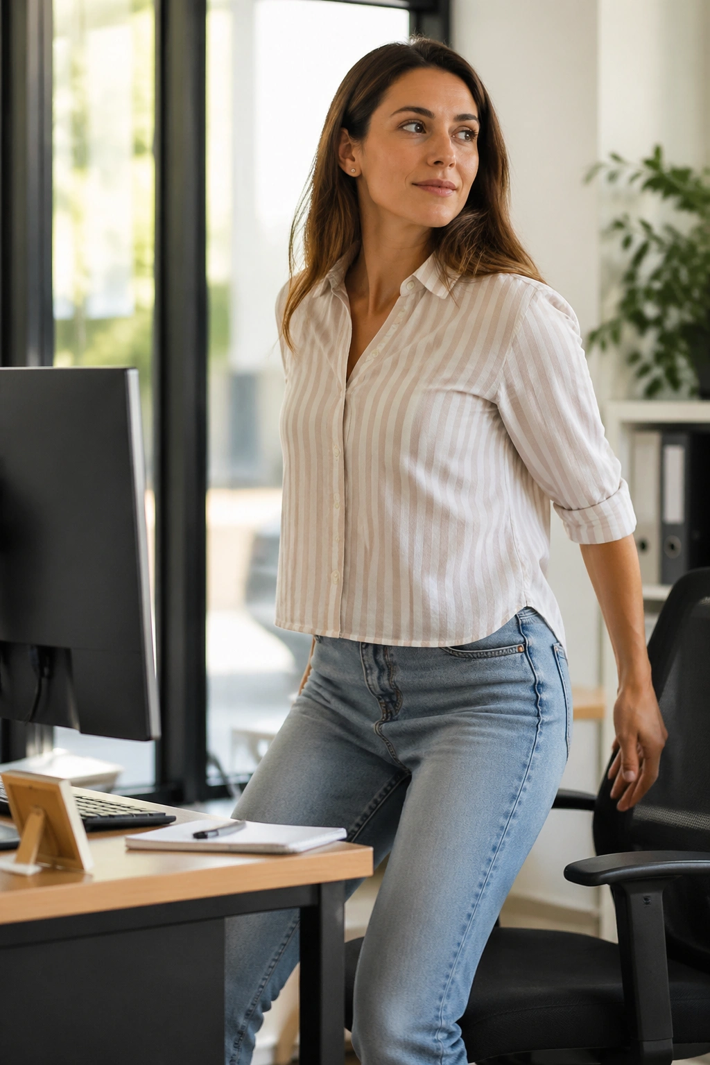 Person standing up from a chair in an office, mid-motion