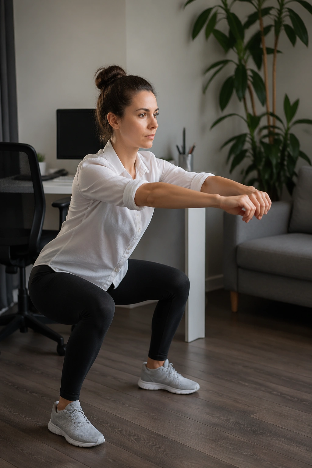 Person standing and doing a quick bodyweight squat to break long sitting