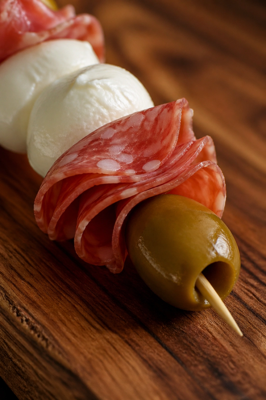 Close-up of mozzarella salami olive skewers on a wooden board
