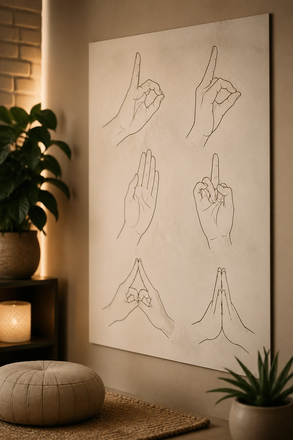 Poster showing six hand gesture outlines for mudras on a yoga studio wall.