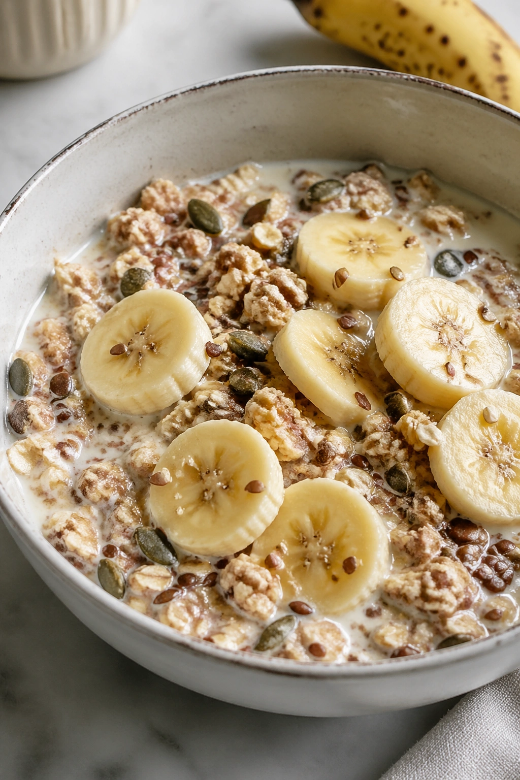 Close-up of muesli with milk and banana in a bowl