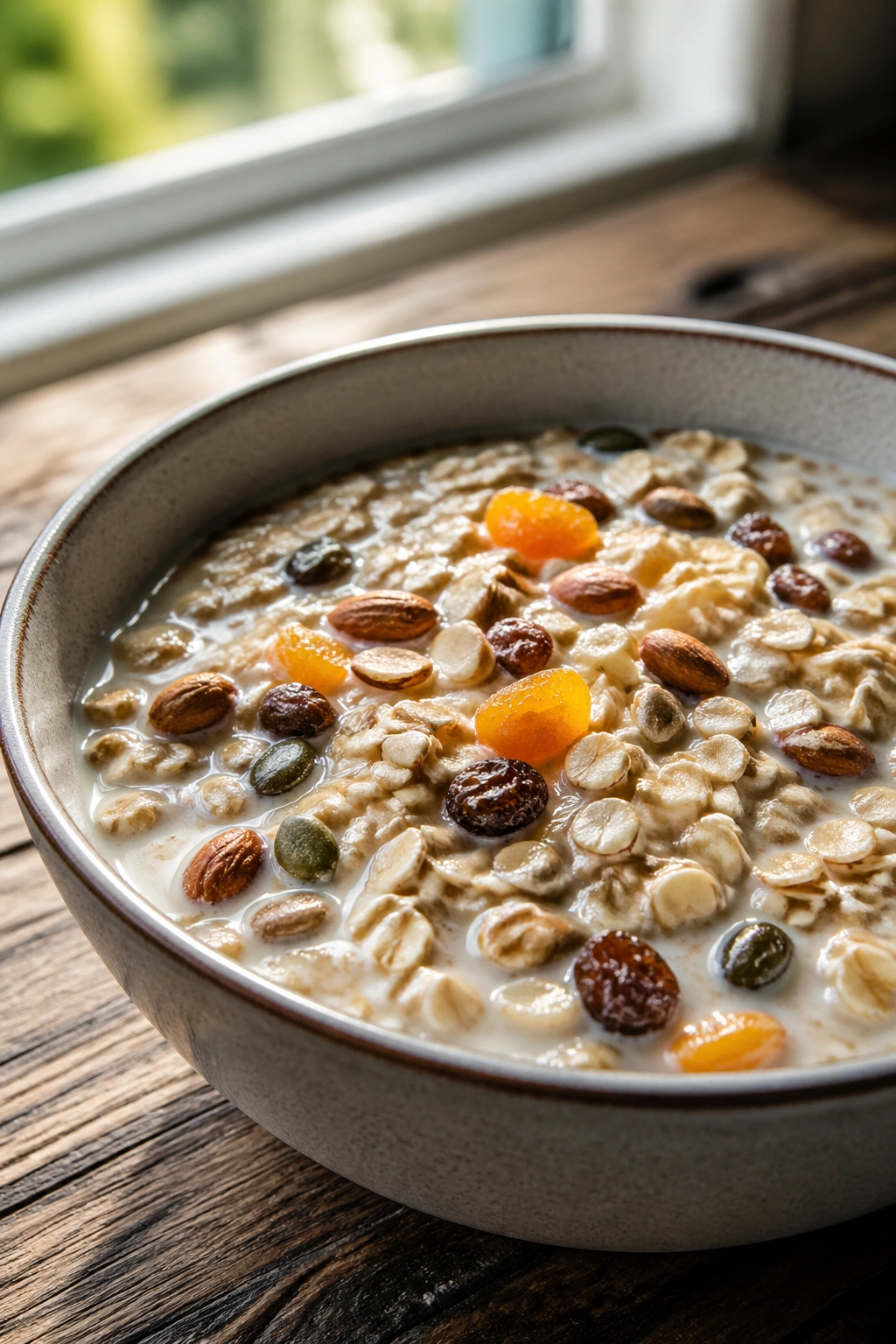 Bowl of muesli with milk on a wooden table with visible nuts and fruit
