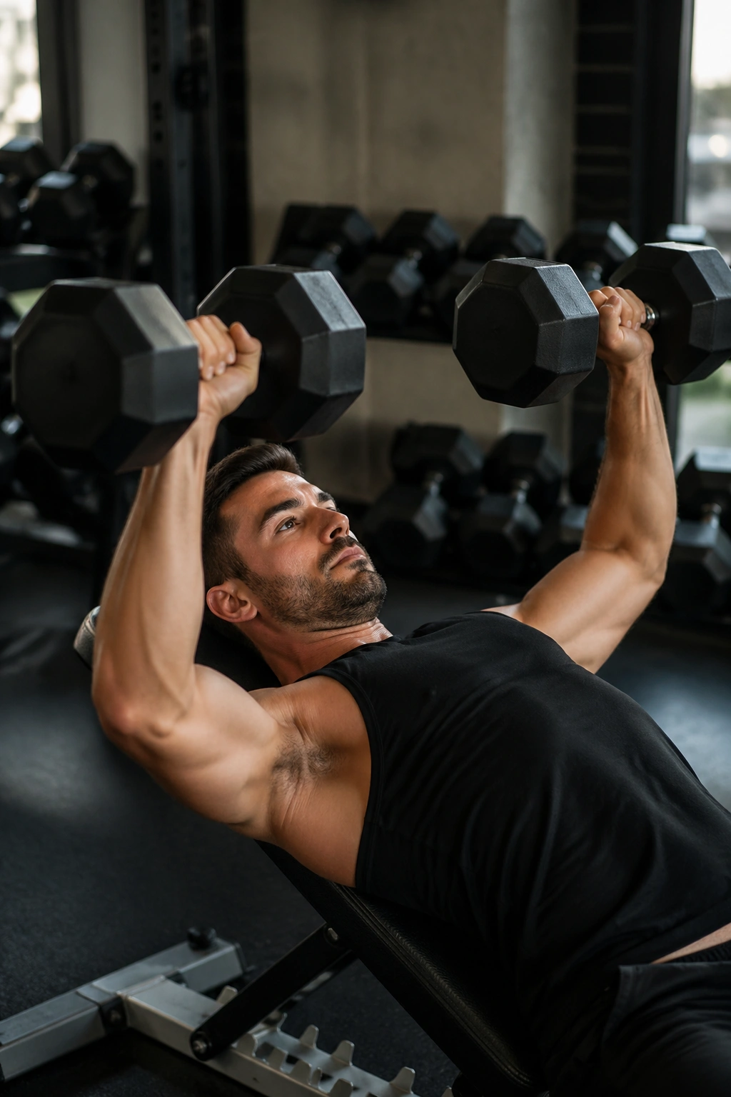 Person doing dumbbell bench press in gym