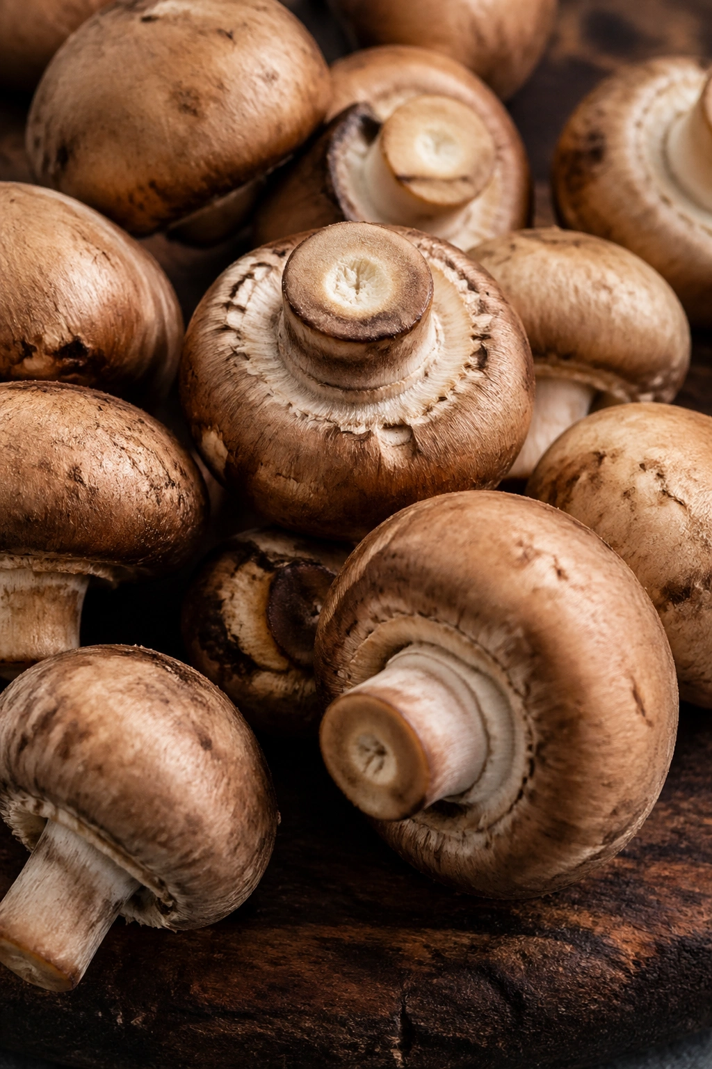 Close-up of cremini mushrooms filling the frame on a wooden board