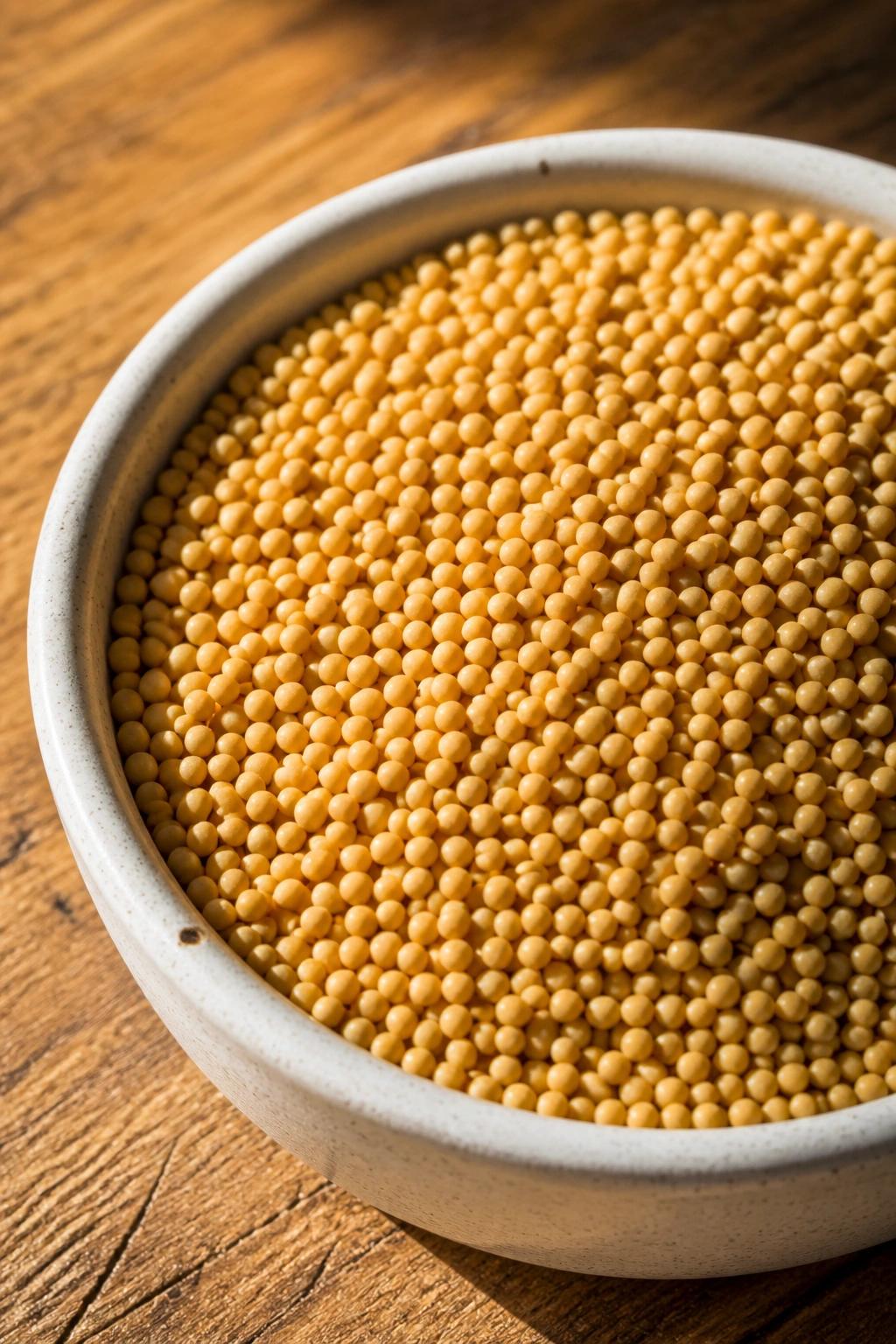 Close-up of yellow mustard seeds in a ceramic dish on a wooden tabletop