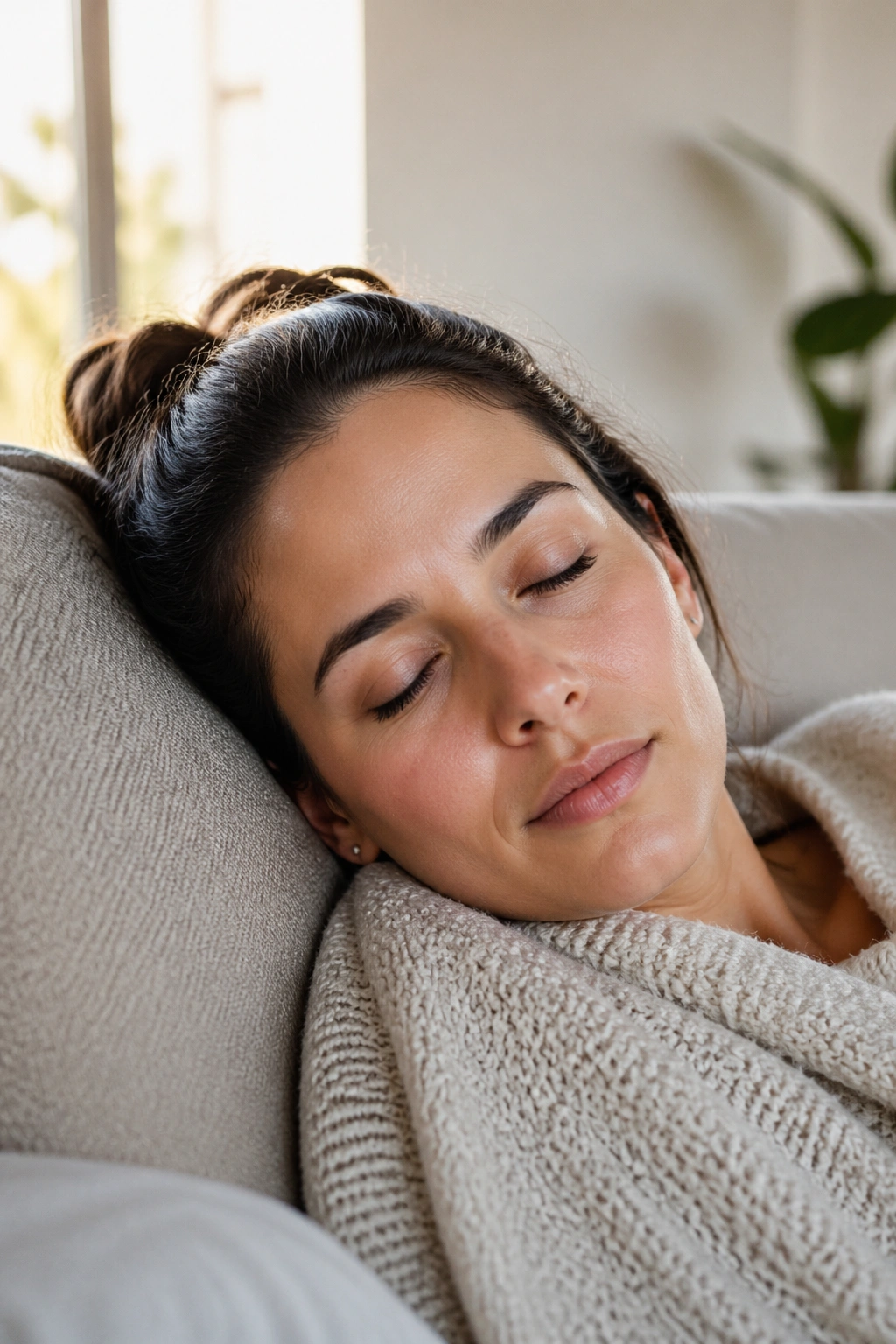 Person napping on a sofa in a bright living room with gentle daylight