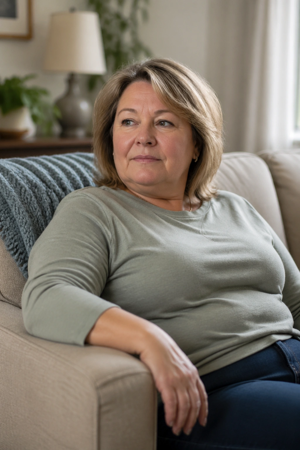 Portrait of a real woman seated, illustrating low daily movement