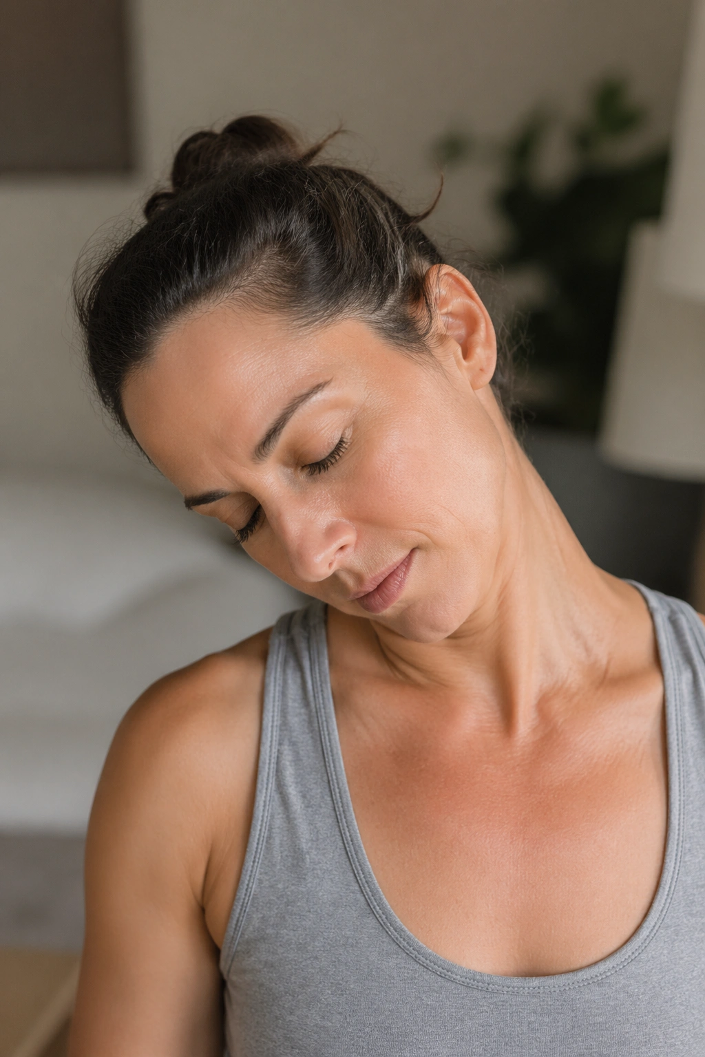 Close-up of a person performing neck side bend and chin tuck