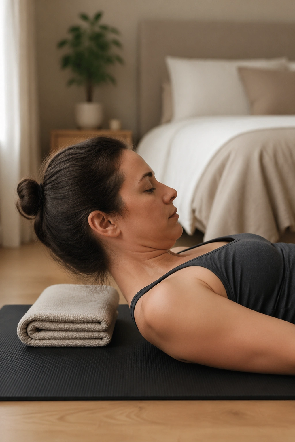 Person on mat doing chin nods for neck relief
