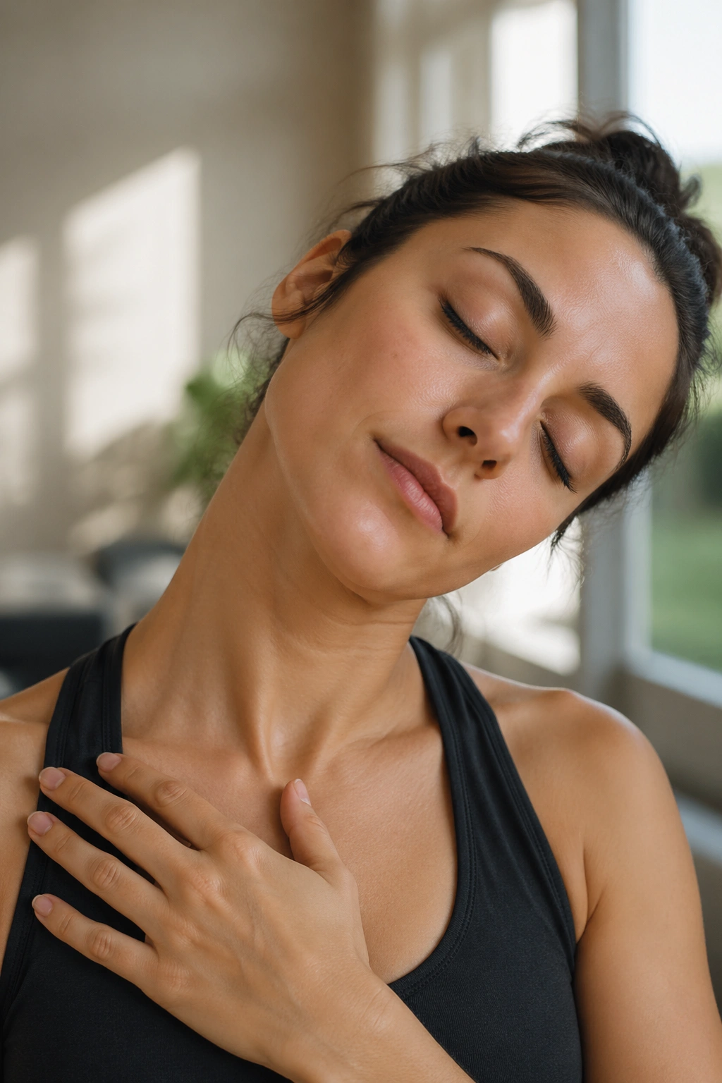 Close-up of a person performing neck side stretch to lengthen the neck.