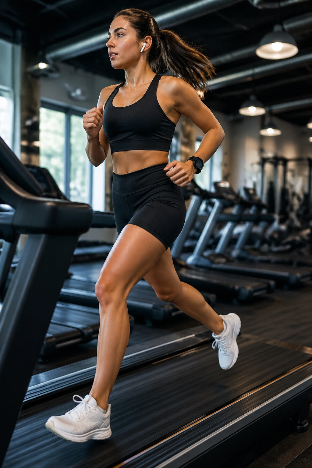 Runner on treadmill performing negative split runs in gym