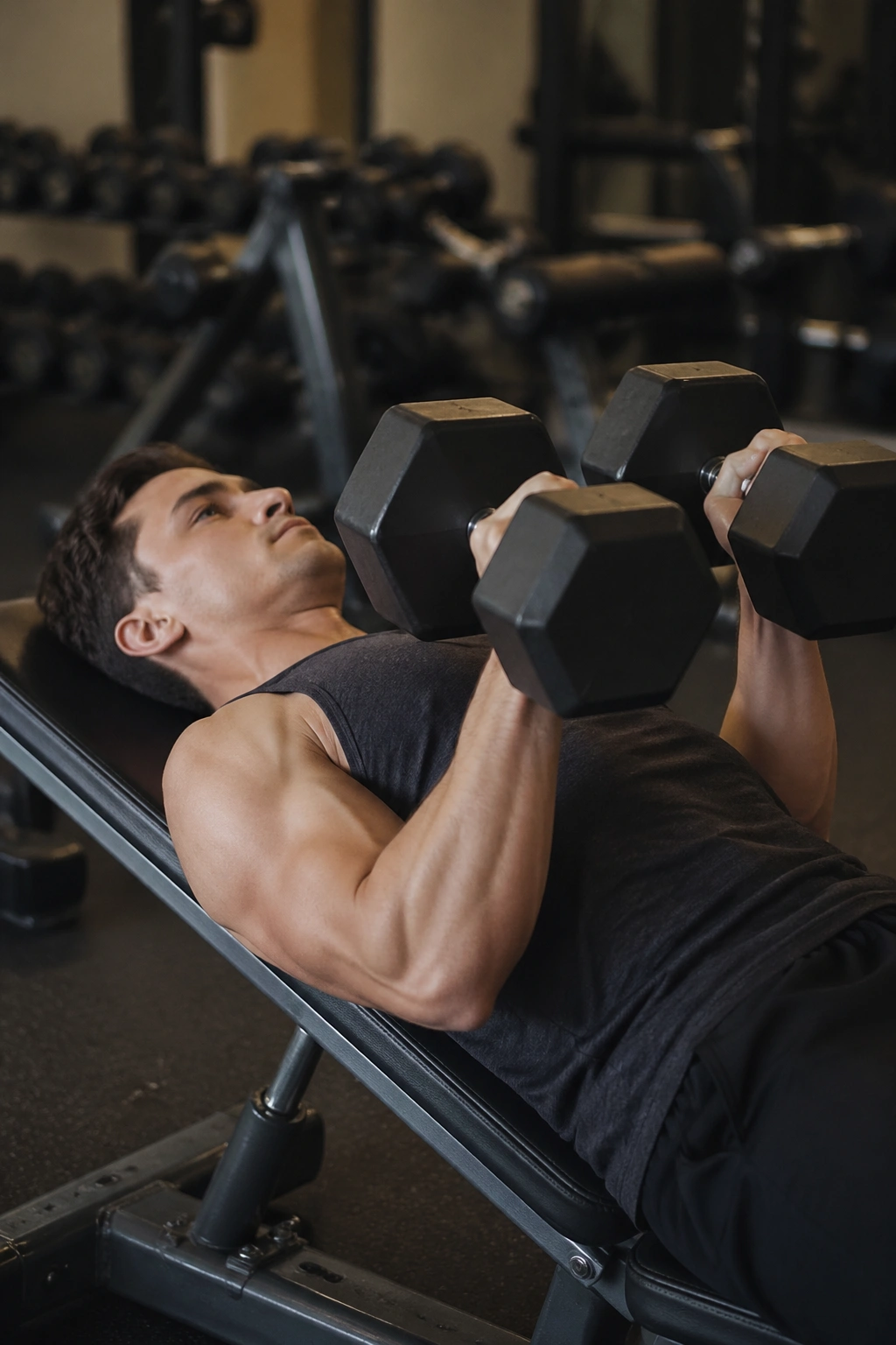 Close-up of a real person performing neutral grip dumbbell bench press with palms facing each other