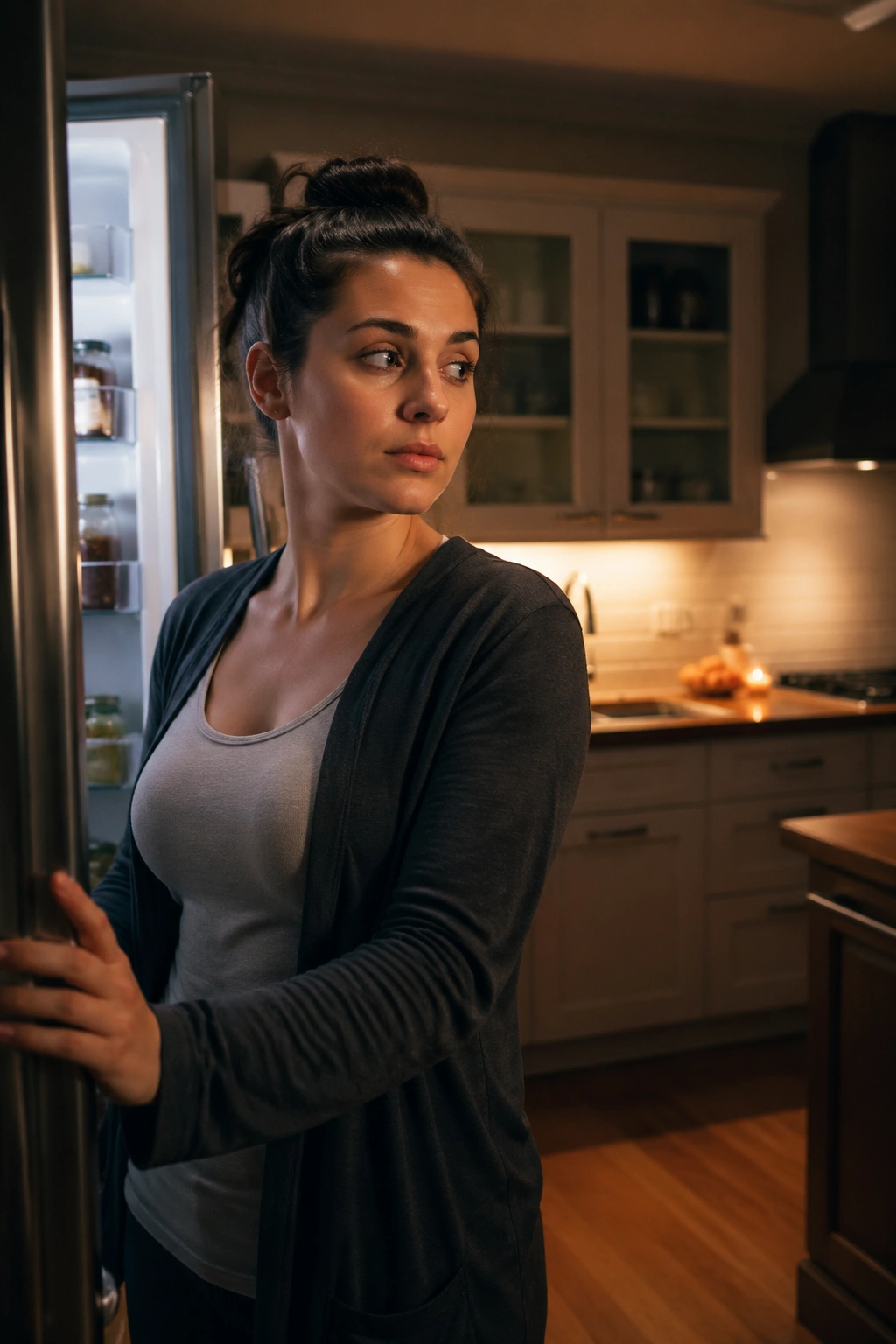 Person in a kitchen at night stepping away from snacks to stop late-night eating
