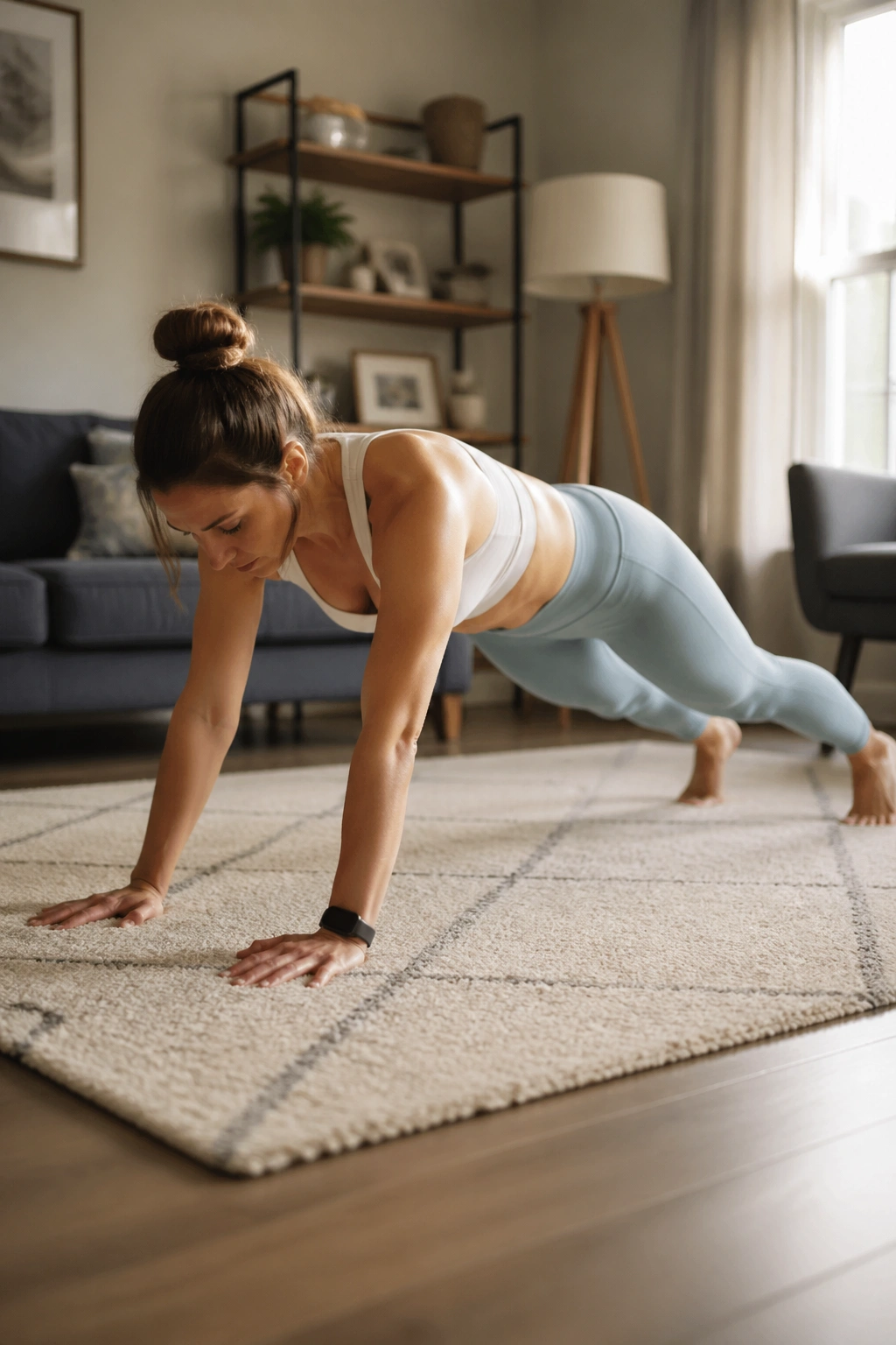 Person performing walkout to plank on a living room rug