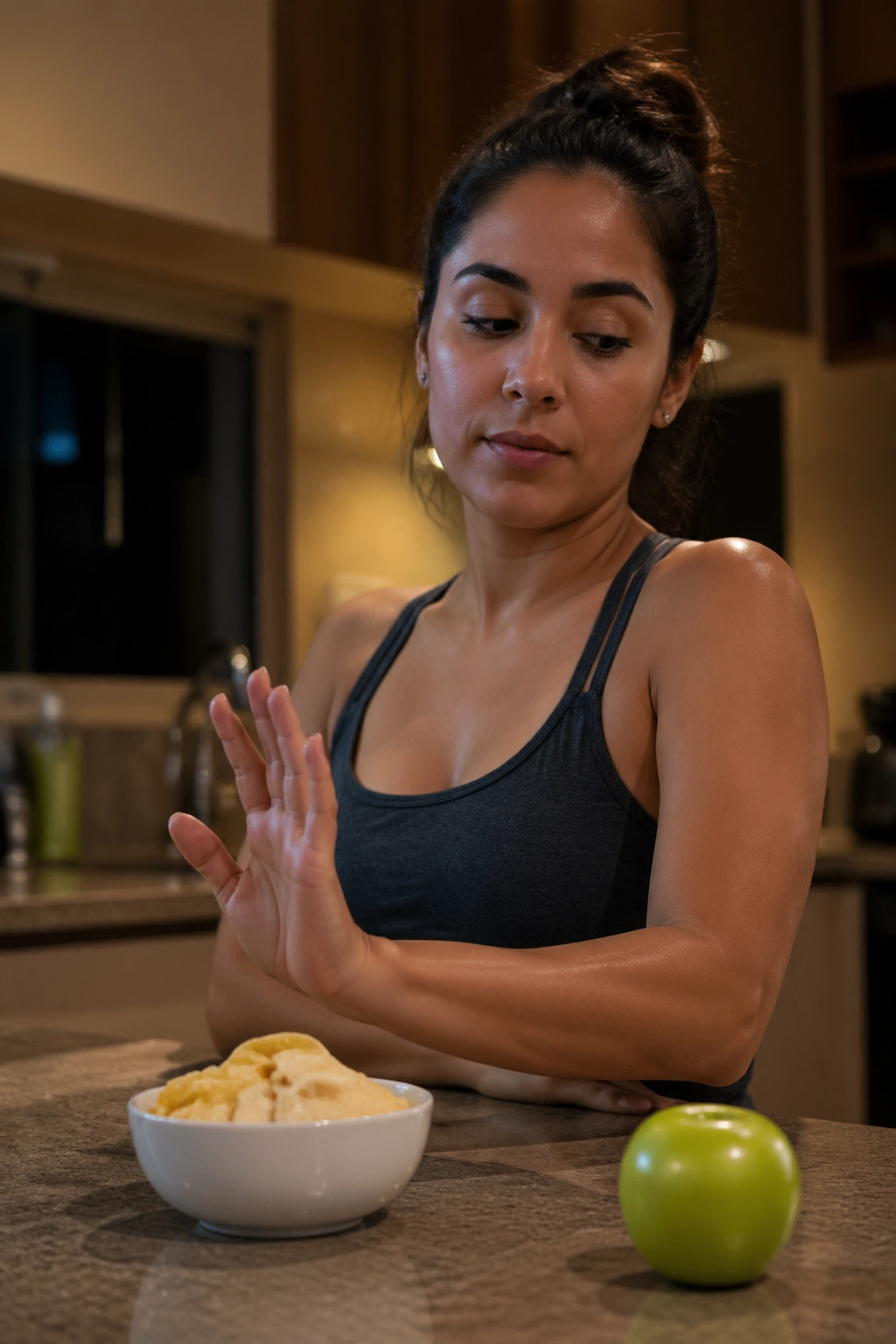 Portrait of a real person turning away from a snack after dinner