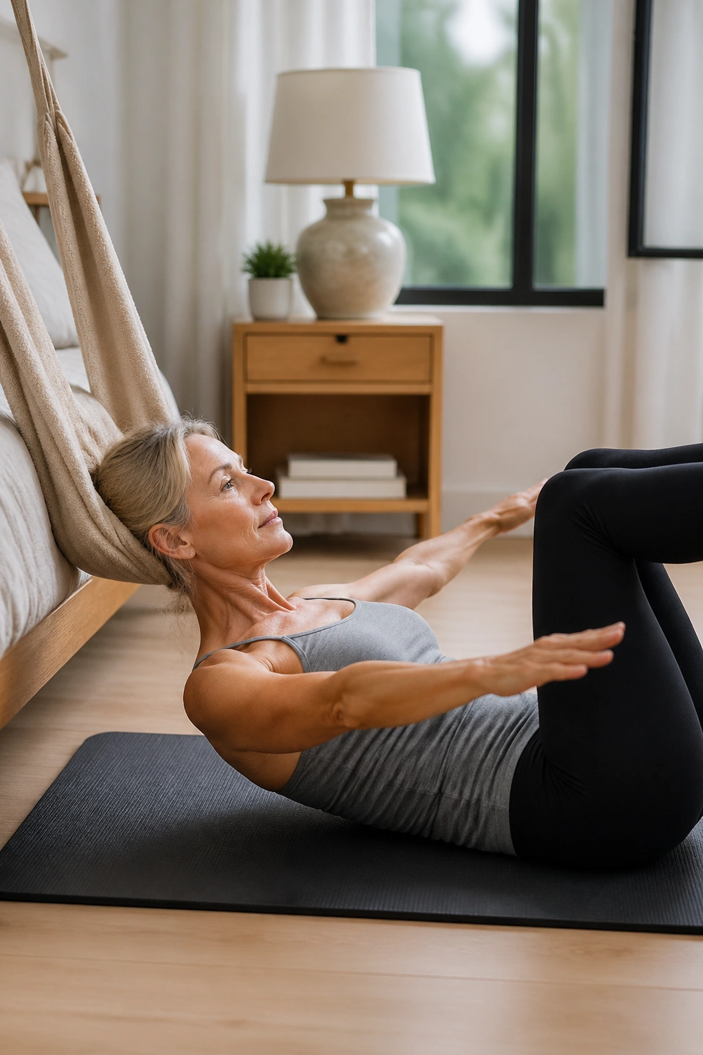 Head-supported ab workout with towel behind head