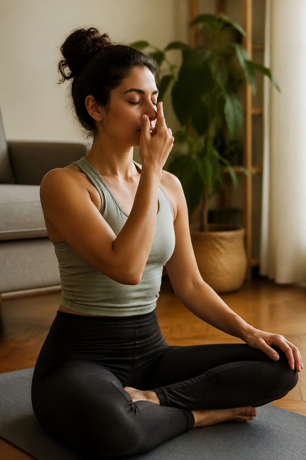 Profile of a person practicing alternate nostril breathing seated calmly