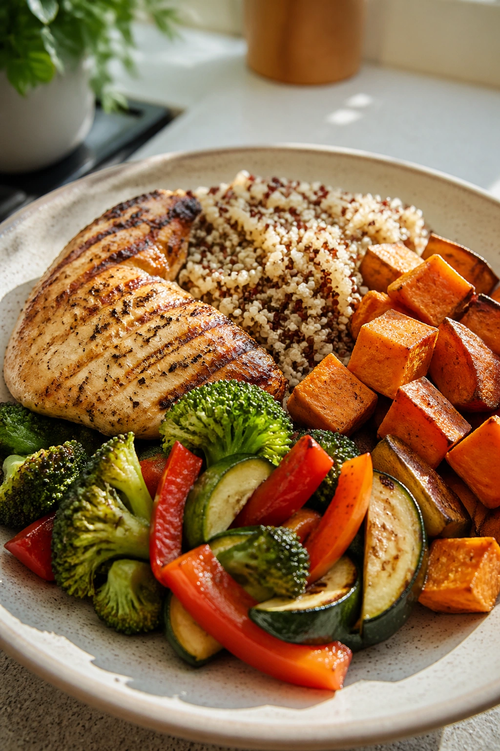 Close-up of a balanced meal on a plate in a kitchen, protein and carbs for glute fueling
