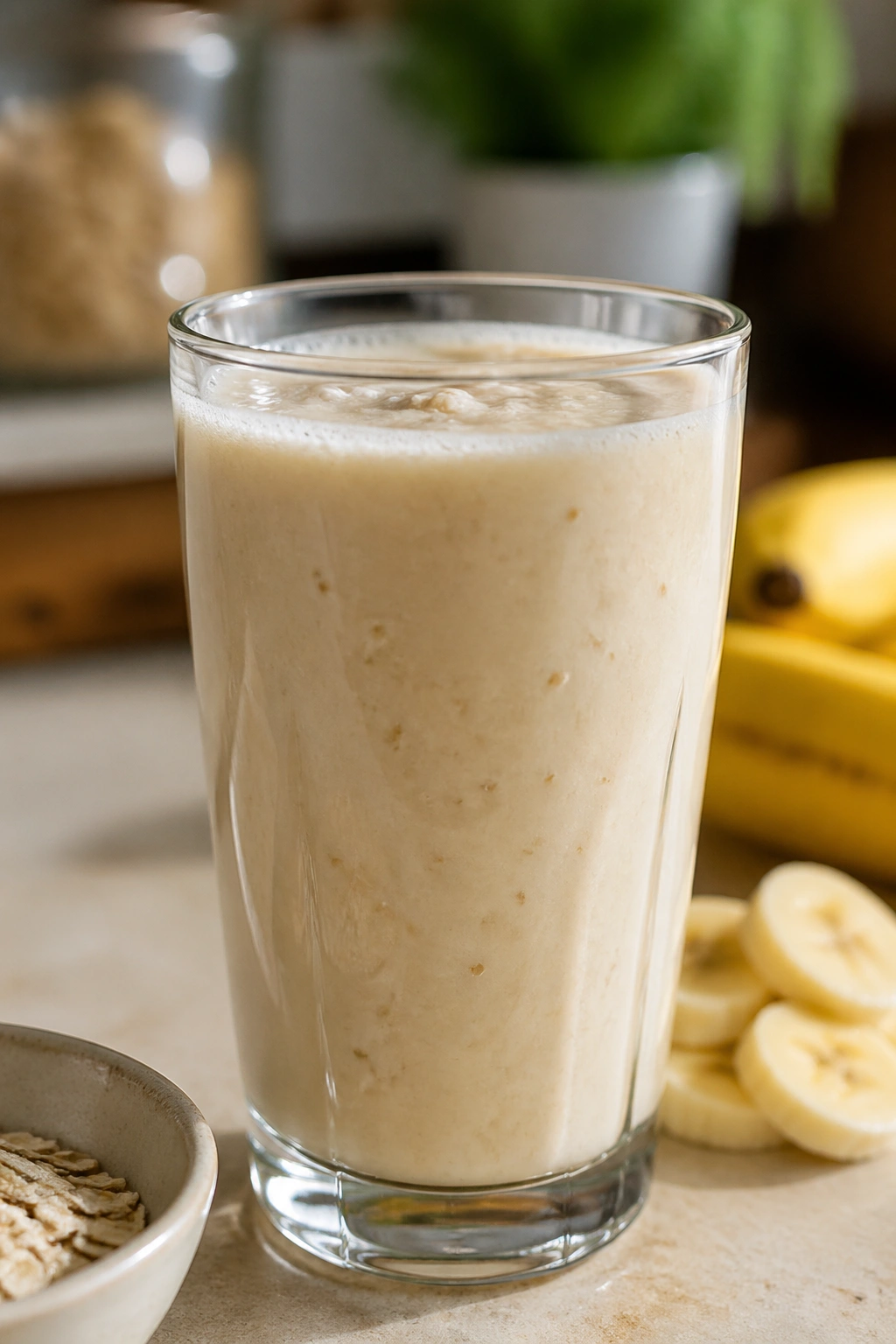 Glass of oat and banana drink with visible oats on a kitchen counter