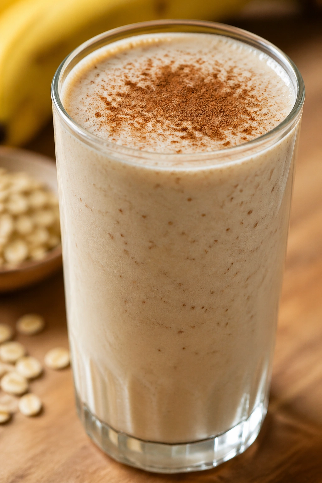 Creamy oat milk banana cinnamon drink in a glass on a wooden counter.