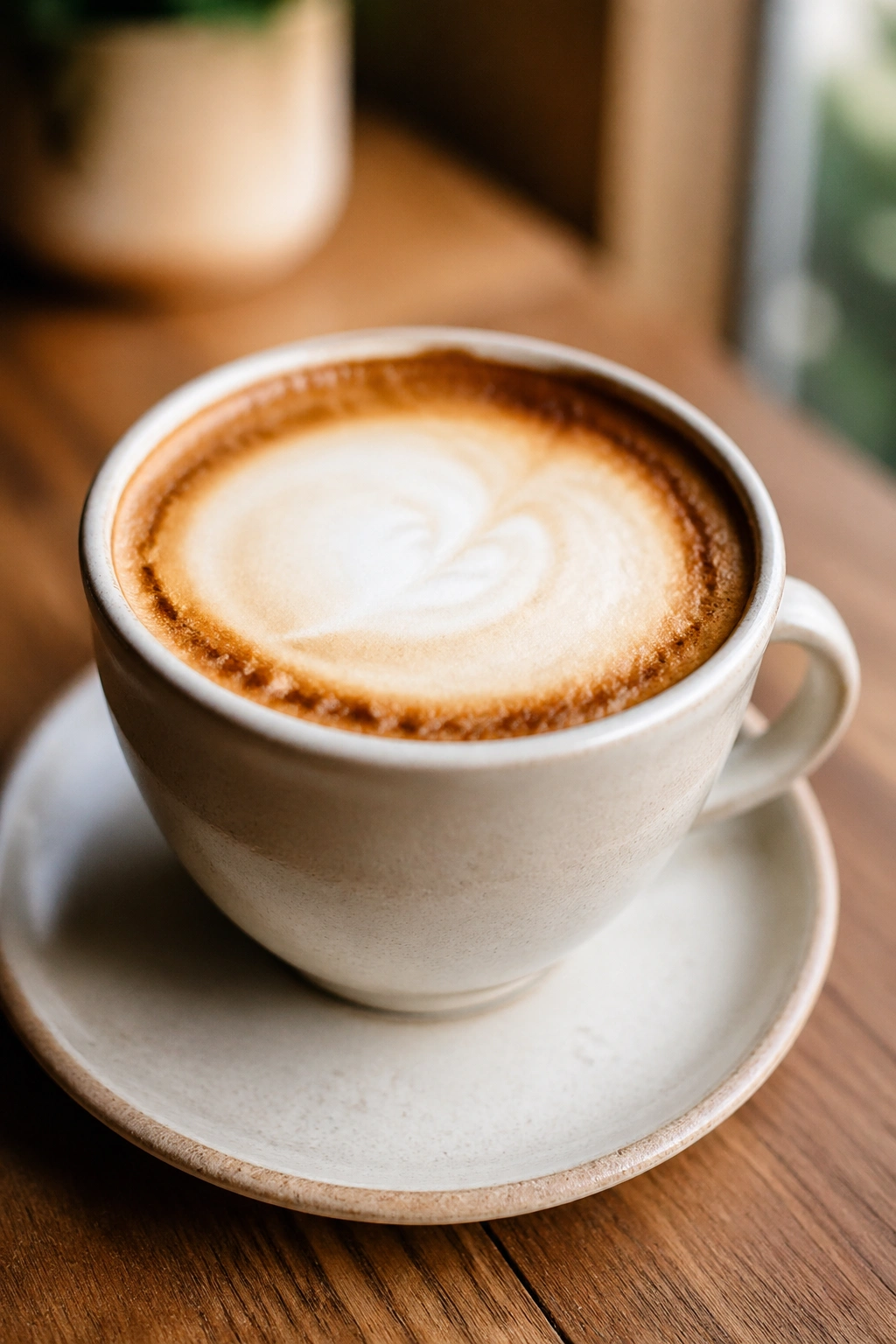 Oat milk latte with short espresso shot in a cup