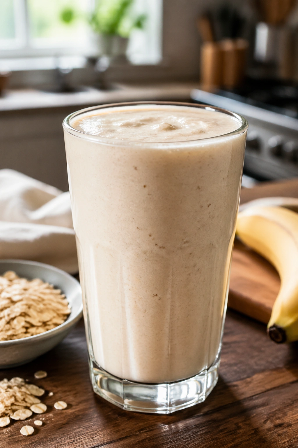 Glass of oat milk recovery shake on a kitchen counter.