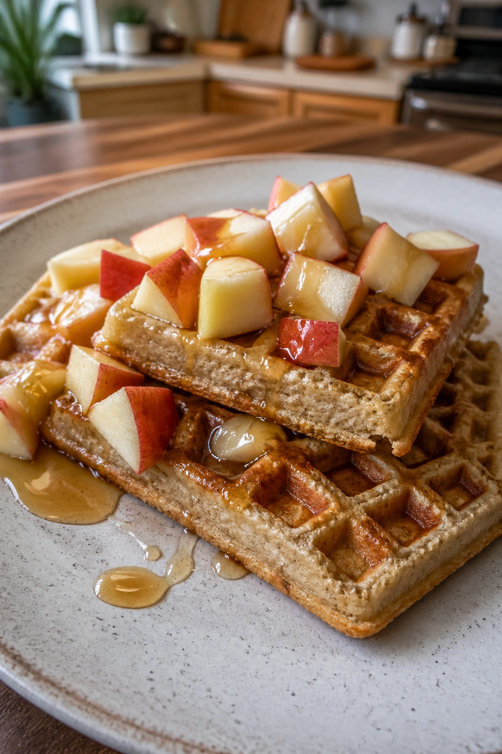 Plate of blender oat waffles with apples and syrup